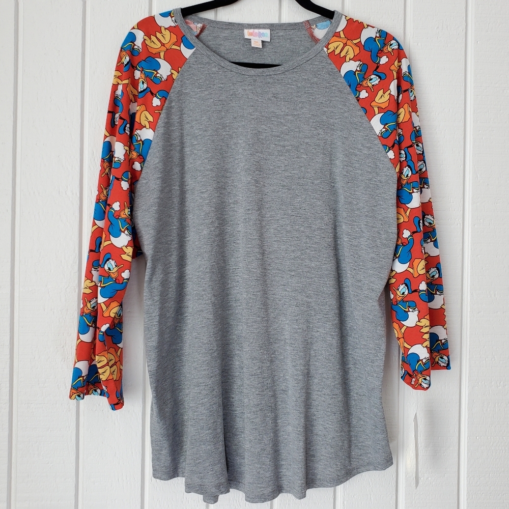 Disney x LuLaRoe Randy Baseball Raglan Tee T-shirt Donald Duck Grey Red NEW